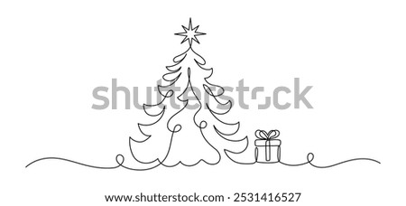 One continuous line drawing of Christmas tree with star on top. Festive pine plant and gift box in simple linear style.Editable stroke. Doodle monoline vector illustration