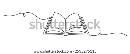 Opened book with flying page in one continuous line drawing. Education study and knowledge library concept in simple linear style. Editable stroke. Doodle vector illustration