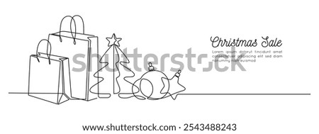 Christmas shopping bags in one continuous line drawing. Festive Black Friday sale with paper package in simple linear style. Editable stroke. Doodle outline vector illustration