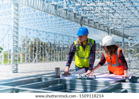 Similar – Image, Stock Photo Metal frame construction of the building against the sky