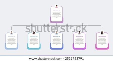 Business management level distribution structure Infographics Design Template, Workflow diagram, flowchart, business hierarchy Concept tree chart, Second level Organizational chart divided into five