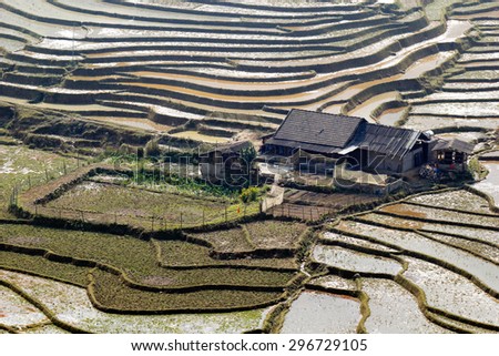 Terraced rice fields - Terraced rice fields with old houses - on sapa , Vietnam Laocai, Vietnam JAN 1, 2015