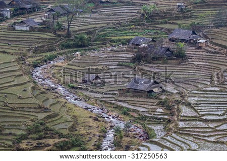 Terraced rice fields - Terraced rice fields with old houses in the fog  - on sapa , Vietnam Laocai, Vietnam JAN 10, 2015