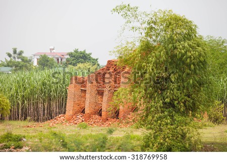 BINH DINH, VIET NAM- Sep 20 2015: Old brickwork at countryside Vietnamese, trade village to product brick, material for construction, make from soil, burn by firewood, ecology problem, Vietnam, Sep 20