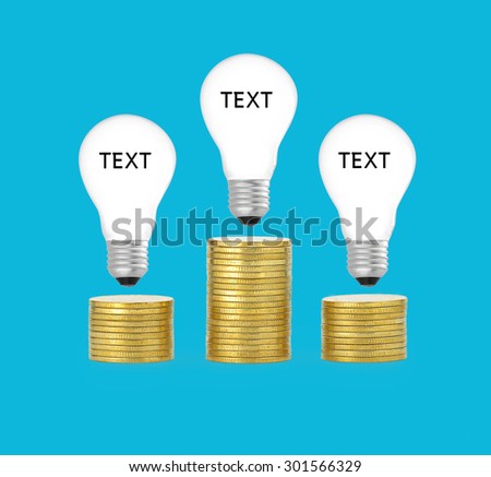 Gold coins and light blub on white background