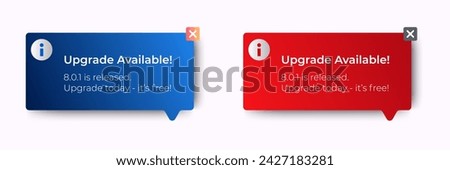 Upgrade available banner notification pop up design with red and blue background. app update. User-friendly design materials. isolated background. vector