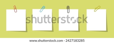 Colored paperclip with blank white notepaper. White sheet for your message or adding more text. illustration flat design. Isolated on white background. vector
