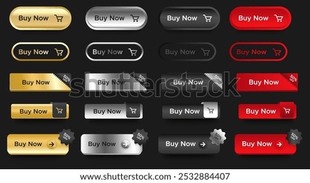 Set of Buy Now buttons icon design template. Gold, Silver metallic, Black, Red. Buy Now push buttons collection isolated. vector
