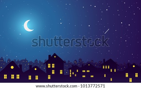 Vintage town at night. Bright moon and shooting star.