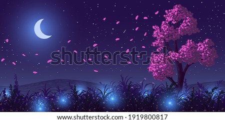 Vector spring night landscape. Blooming tree in meadow with fireflies and flying petals in wind against sky with moon background.