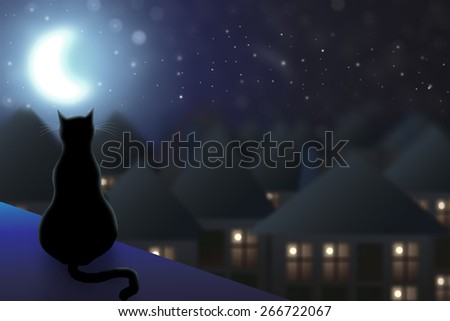 The cat sits on the roof and watching the city at night and the moon.