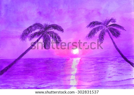 Purple sunset and palm trees at ocean in watercolor