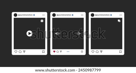 Social media post frames. Trendy mockup template design. Vector posts in light mode and different user interface.