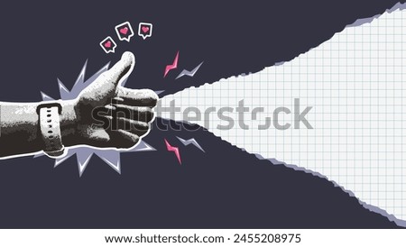 Collage halftone hand with gesture of finger up. Cutout lightning shape, hand-drawn doodle element and heart reaction. Vintage vector concept of approval. Isolated torn notebook paper. 