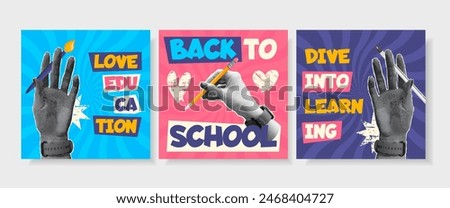 Set of 3 welcome back school posts for social media with collage halftone gesture hands. School stationery elements and supplies. Colorful trendy templates for advertising. 