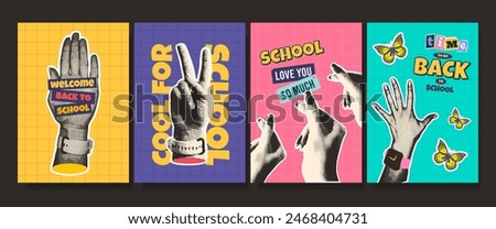 Posters and covers of back to school theme. Collage halftone hands with different gestures. Trendy school, college, university and educational template collection.