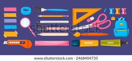 School stationery element collection in flat cartoon style. Pen, pencil, scissors, colorful tape, backpack, brush and ruler. Back to school elements for poster, flyer, banner. 