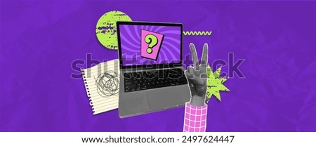 Halftone collage laptop with hypnotizing screen an question mark, notebook paper scrap, grunge abstract shapes and halftone hand with peace gesture. Confusing design concept. Wrinkled paper effect.