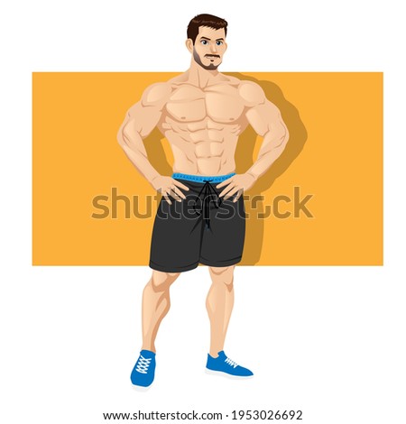 Strong and muscular bodybuilder standing isolated on white background. Muscleman character wearing shorts. Weightlifting, powerlifting or bodybuilding. Vector illustration Foto stock © 