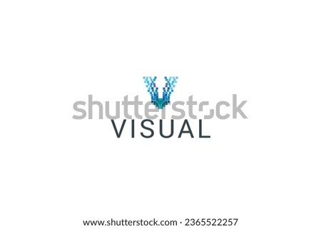 Letter V technological pixel distortion data security virtual logo