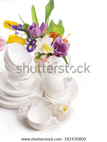 white ware and spring flowers