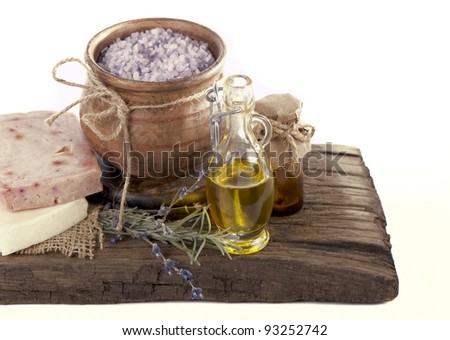 lavender and organic lavender soap over old wooden tray. best suited for relaxing and health commercials