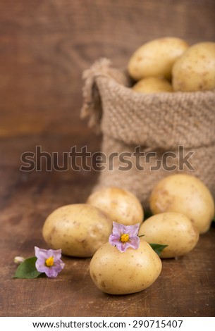raw potatoes in a bag on a wooden board
