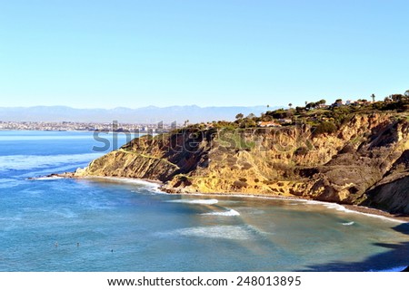 Beautiful view of the sparkling blue Pacific Ocean from the cliffs of the Palos Verdes Peninsula in southern California.