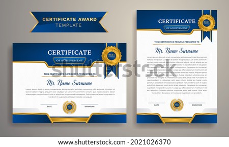Certificate Award Design template with modern line pattern. Premium certificate of achievement template, gold and blue color. Clean modern certificate with gold badge. Diploma vector template