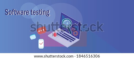 Laptop with magnifier and bugs. Testing illustration. Software testing inscription. Automatic and manual testing