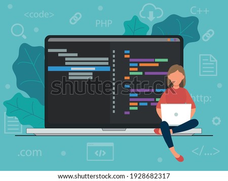 Flat illustration on the topic of programming. Girl programmer writes a code with a laptop. A page with php code is open on the laptop.