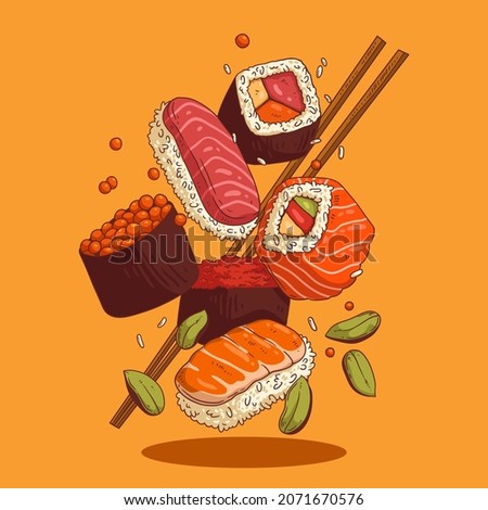 Sketch drawn vector illustration of sushi rolls set and chopsticks in motion against monochrome orange background. Cafe poster, signboard, asian cuisine menu decoration, ad banner design