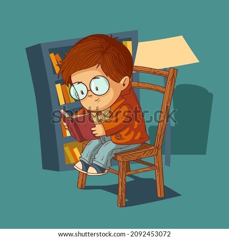 Cute little boy got carried away with a book, vector illustration. Nice kid in spectacles sitting on a chair in the living room and reading a book with great interest. Child character, nice toddler