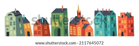 Vector set of vivid isolated buildings. Collection of various houses. Simple irregular shape buildings with tile roofs and chimneys. Doodle graphic. Flat illustrations of lovely multicolor houses