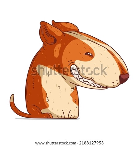 A Bull Terrier, isolated vector illustration. Cute cartoon picture for children of a kind smiling dog. Drawn dog sticker. Simple drawing of a genial bullterrier on white background. A pet. A puppy