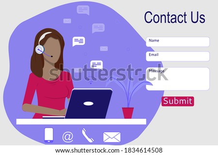 Template design for website and application contact us. Female call center customer service agent with headphones, microphone and computer talking. Online customer support concept. Vector