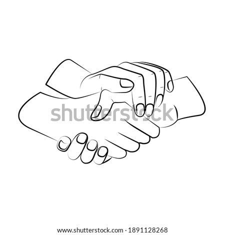 Outline Three hands are intertwined together. A symbol of unity, friendship. Drawing by black line hand in hand. Simple, minimal art. Black and white linear. vector