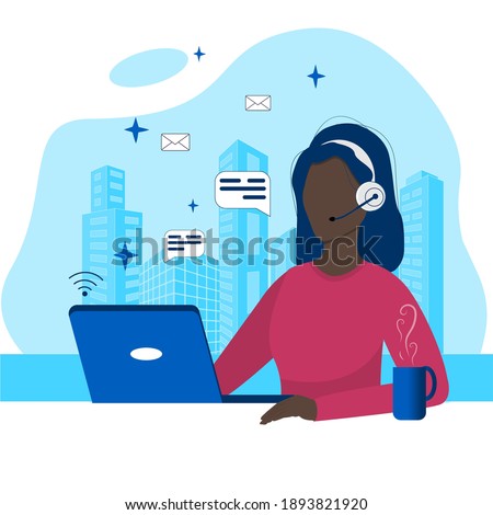 Woman with headphones and microphone with laptop customer service. Concepts for customer support, help, call center. Vector flat illustration