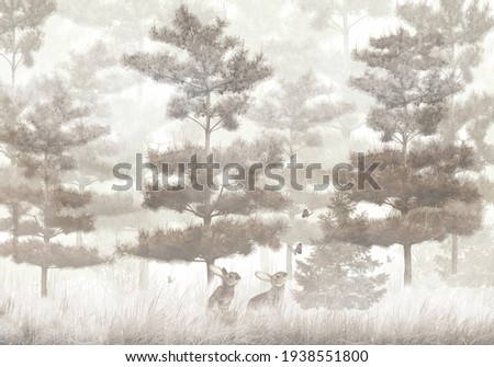 hares play, pine trees in the fog, forest, catching butterflies, wallpaper design