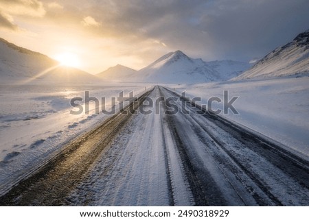 Similar – Image, Stock Photo Snowy road in winter forest on blue sky background. Awesome winter landscape. A snow-covered path among the trees in the wild forest. Forest in the snow. Pine and fir in snow after strong snowfall