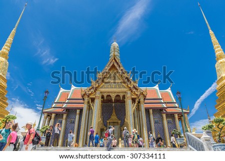 BANGKOK, THAILAND - August 18, 2015: Tourists visit the Grand Palace in Bangkok, Thailand on August 18  2015. Grand Palace in Bangkok is the most famous temple and landmark of Thailand.