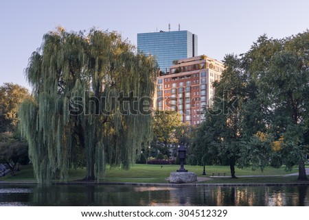 Boston Public Garden.\
Partial view of the Boston business district, from the Boston Public Garden, Boston, Massachusetts.\
Photograph shot on September 2014.