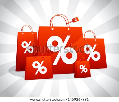 Discounts sale vector poster with red paper shopping bags and percent symbols