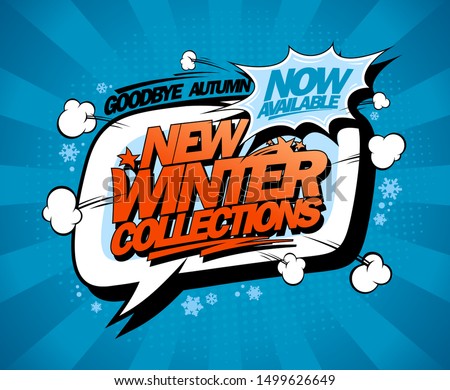New winter collections now available, vector fashion banner design with speech bubble