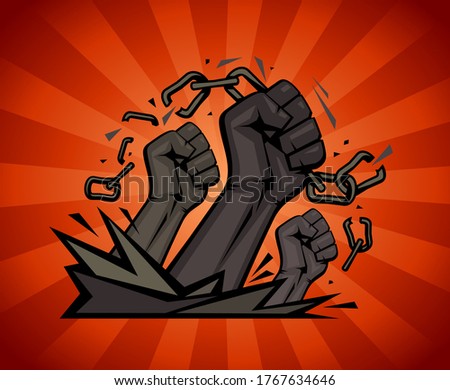 Multiracial fists tearing chains on a rays background, vector illustration