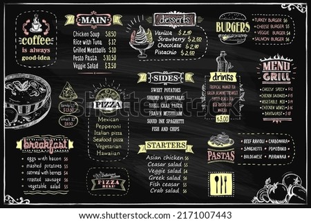 Chalk menu list vector design mockup for cafe or restaurant, starters and main, sides, desserts and pizza, burgers, grill menu, drinks, etc.