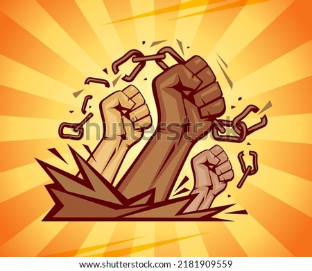 Multiracial hands broken the chain, sunny rays background, free people concept, vector illustration