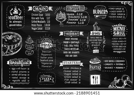 Chalk menu list on a blackboard, vector design template for cafe or restaurant, starters and main, sides, desserts and pizza, burgers, grill menu, drinks, etc.