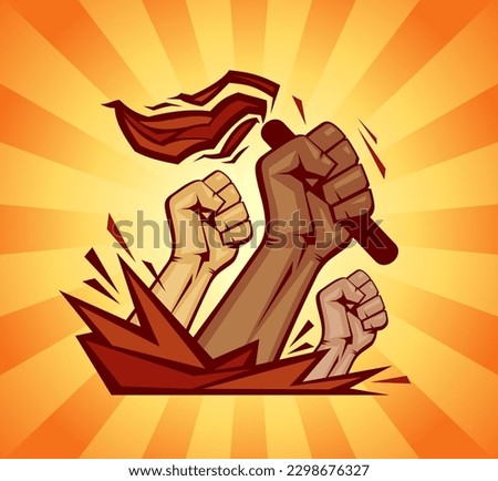 Vector poster with riot hands, one hand holding torch, people protest concept
