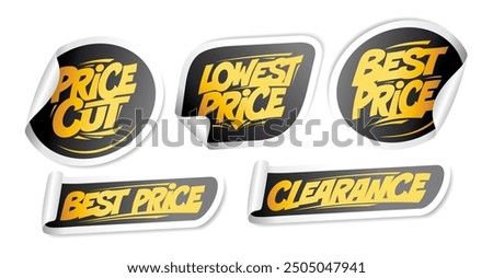 Price cut, lowest price, best price, clearance stickers vector set with golden letters and black backdrop